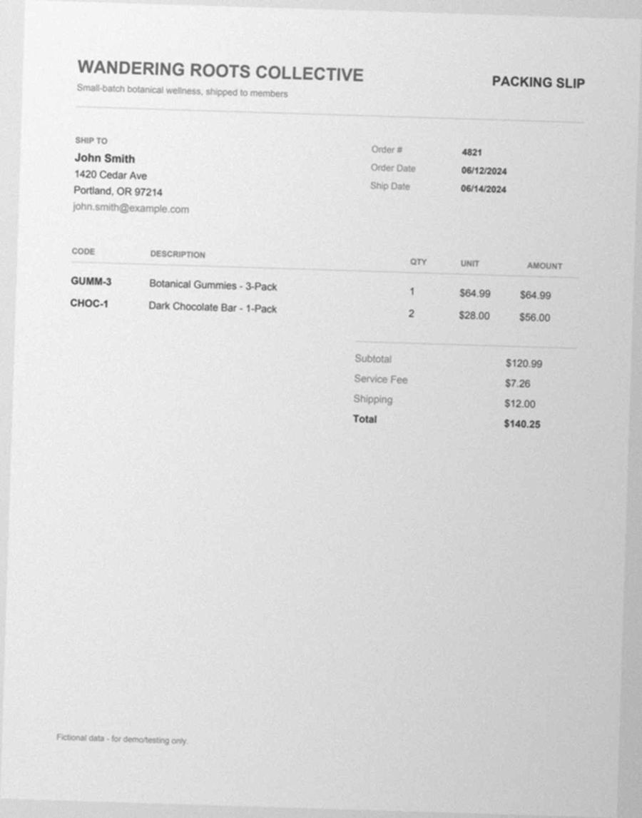 Degraded scan of a synthetic packing slip: skewed, blurred, and shadowed — order 4821 for John Smith, two line items